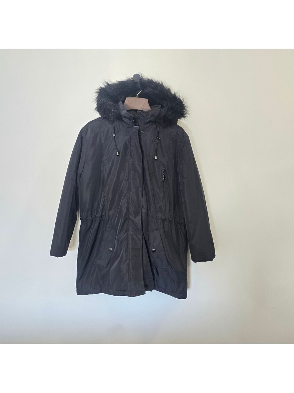 Laura Scott Black Coat with Detachable Faux Fur Trim Hood Size 10